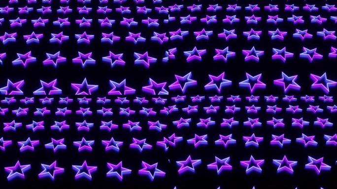 黑色背景上的许多紫色和蓝色霓虹灯星星走廊