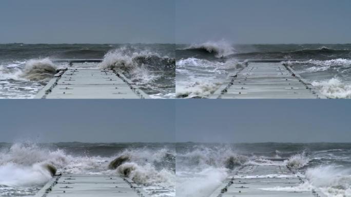 在暴风雨的日子里，LD海浪冲向码头