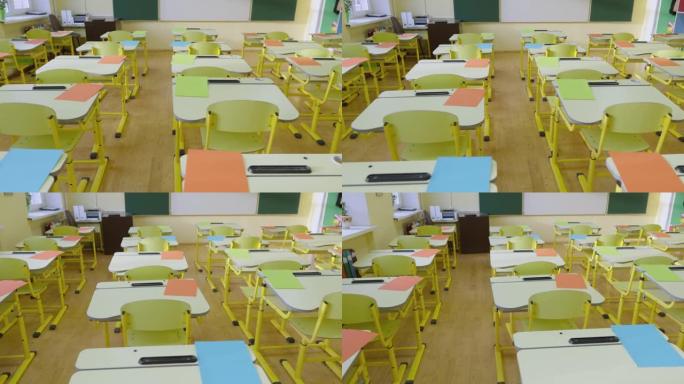 学校空教室有白色和绿色的黑板，教育黄色的课桌椅用于学习小学。儿童教育内部，儿童教育理念