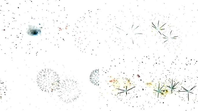 白色背景上各种颜色的抽象彩色烟花，7月4日独立日和新年圣诞晚会2023概念。高质量4k chroma