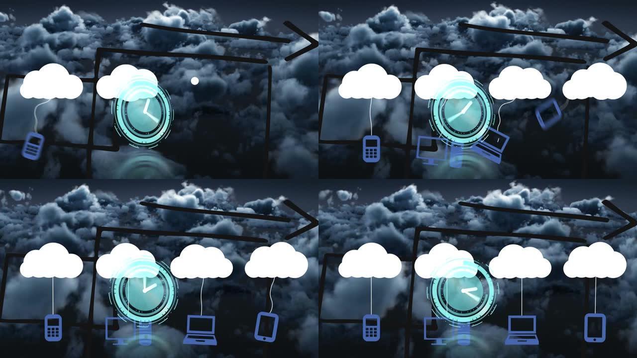 云天上的云图标和时钟的动画