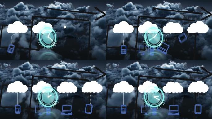 云天上的云图标和时钟的动画