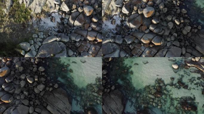 澳大利亚塔斯马尼亚圣海伦斯岛海滩波浪沙岩原生植被俯视图无人机