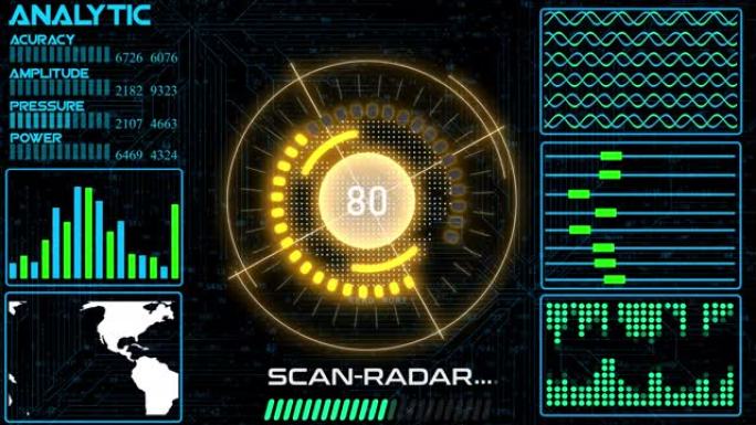 雷达平视显示器屏幕动画4K。彩色声纳雷达屏幕的运动图形用线数字技术背景搜索物体，未来动画概念无缝循环