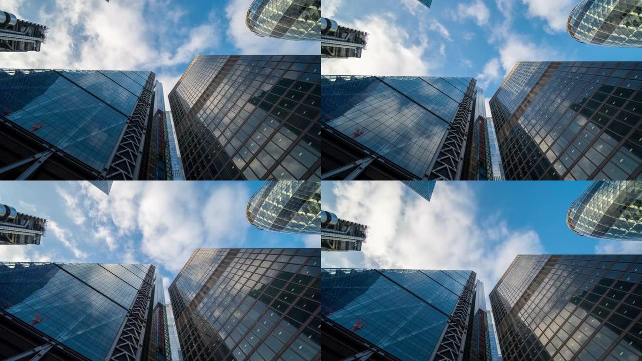 伦敦金融区的摩天大楼，白天有云- 4k延时拍摄(倾斜向上)