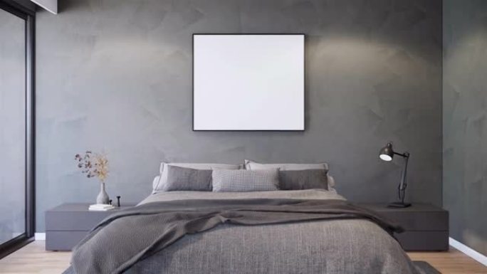 现代室内设计卧室空白相框，公寓创意3d渲染动画。4k视频片段