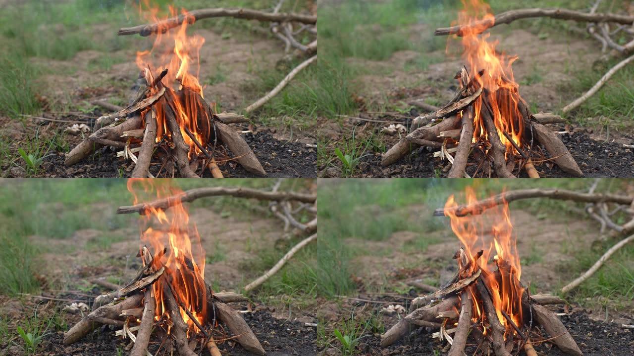 关闭河岸燃烧的柴火篝火的正视图。特写黄色火焰在篝火中燃烧。户外多云森林的篝火。