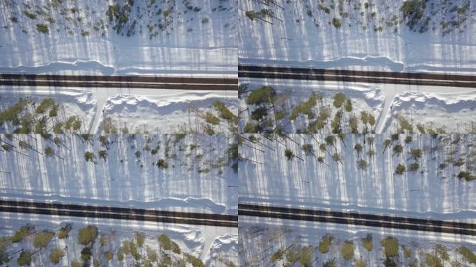 芬兰拉普兰的冬季结冰道路条件。安静的时刻，没有车。直拍的航拍镜头没有人。