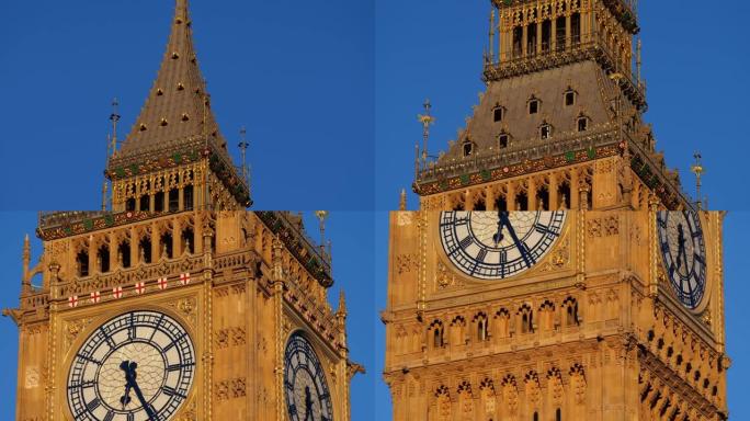 威斯敏斯特大钟的大钟特写，修复后的伦敦钟塔。日出时的大本钟。倾斜下来。版本3
