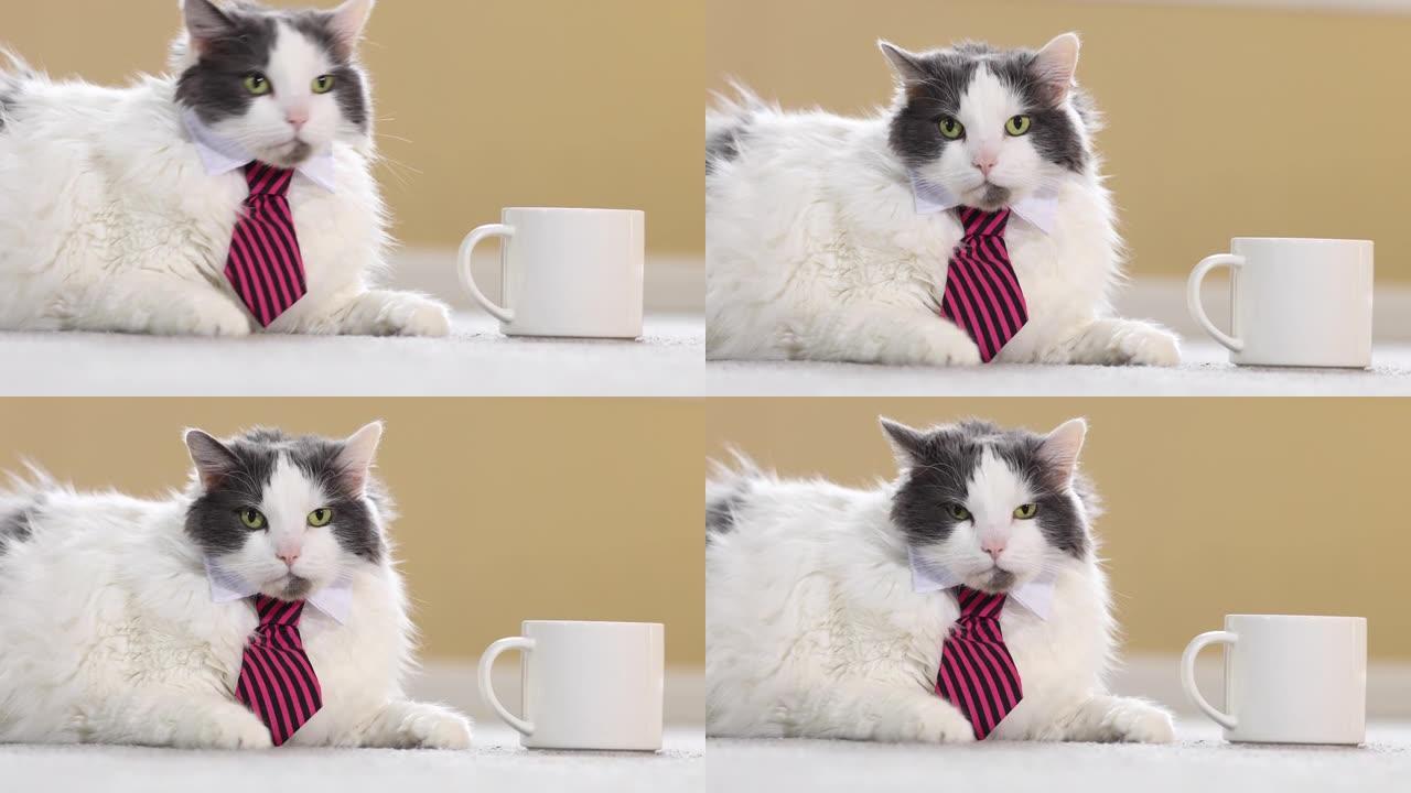 领带等待咖啡的商务猫