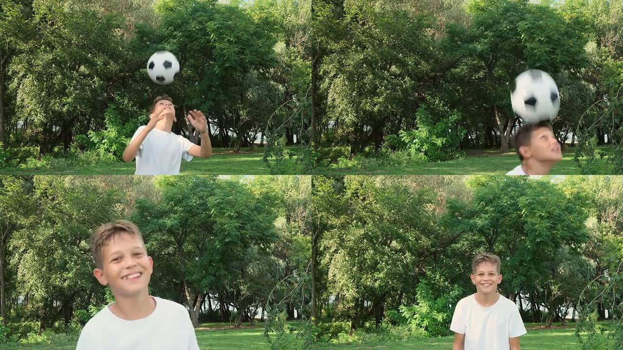 十几岁的男孩用头弹跳球。足球技巧训练。