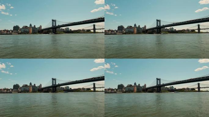 日落时纽约华盛顿大桥的宽阔视野。移动相机. .