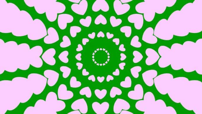 从中心开始动画增加粉红色的心圈。循环视频。矢量插图孤立在绿色背景上。