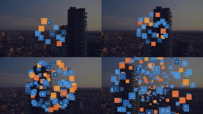 城市景观上的社交媒体图标动画