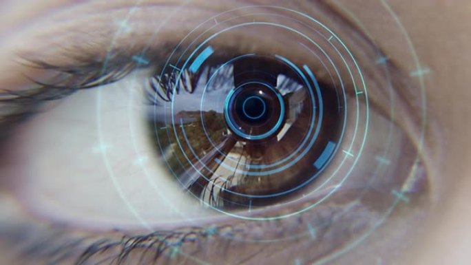 技术先进的未来棕色半机械人眼睛与长睫毛的极端特写