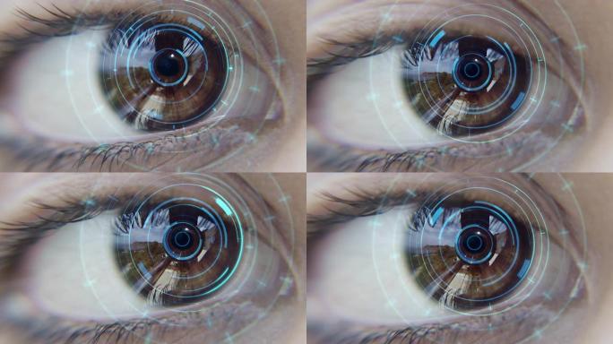 技术先进的未来棕色半机械人眼睛与长睫毛的极端特写