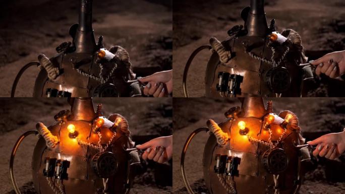 蒸汽朋克。女性手打开杜瓦瓶上的灯泡特写镜头。