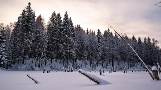 美丽的冬季风景，相机向湖边左移。
