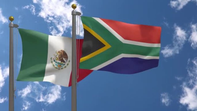 墨西哥国旗与南非国旗在一杆，3D渲染，两个旗帜