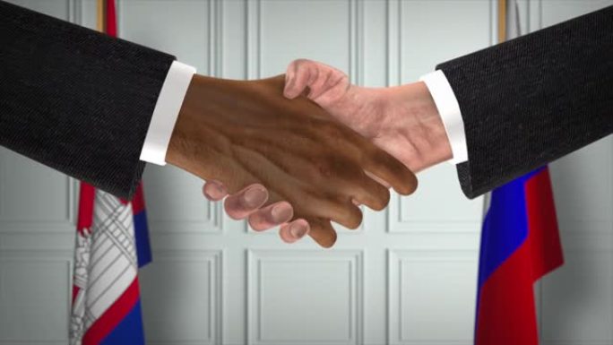 柬埔寨和俄罗斯的协议握手，政治例证。正式会议或合作，商务见面。商人和政客握手