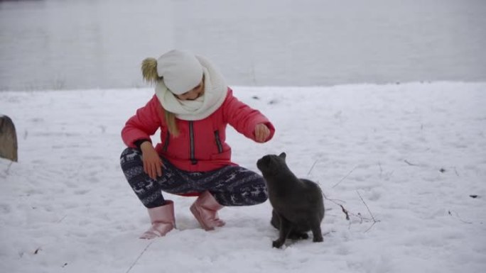 冬天，一个年轻女孩在雪地里遛猫。对你宠物的爱。
