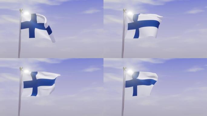 动画国旗与天空和风-芬兰