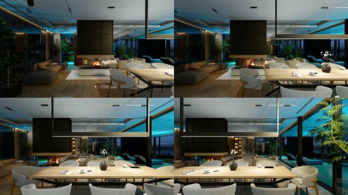 4k现代舒适室内视频，夜间配有生活、用餐区、楼梯和厨房