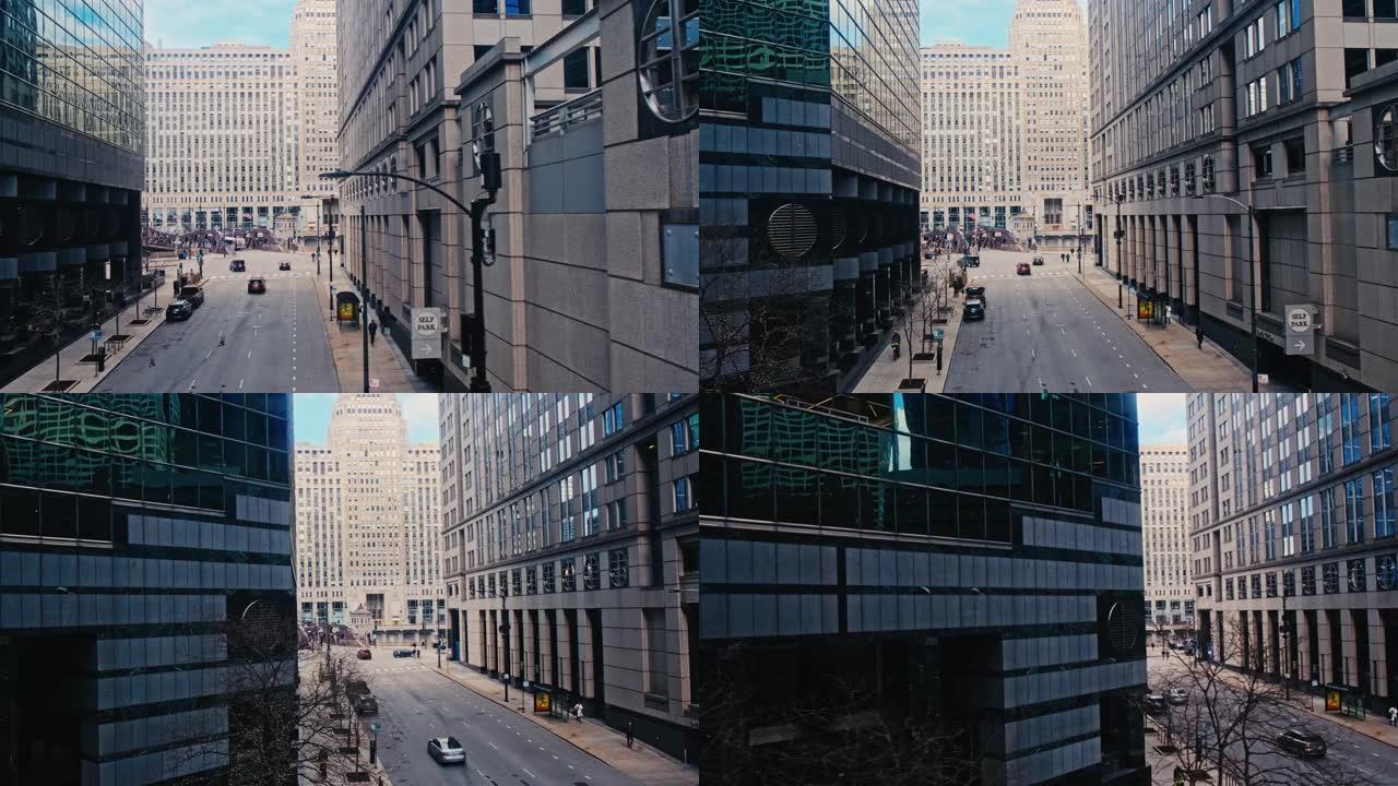 从火车乘客的角度来看，芝加哥市中心的建筑物和街道