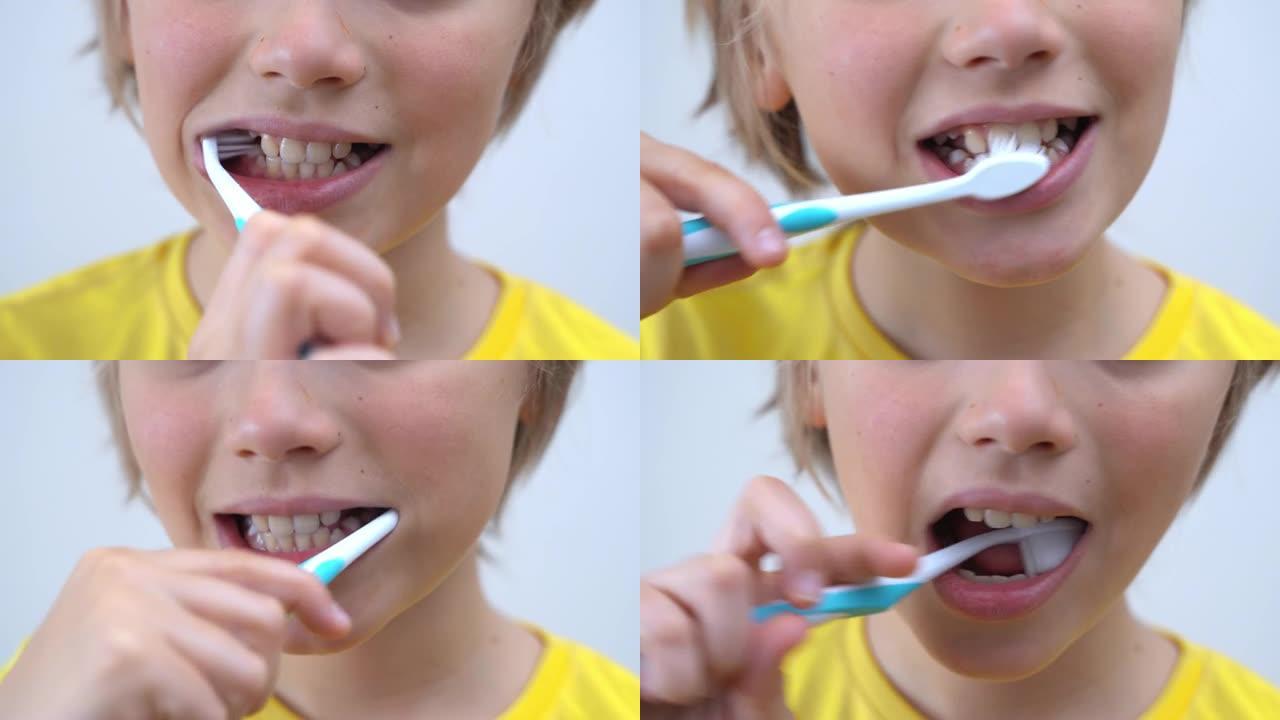 特写少年男孩刷牙孩子看着相机，牙科，口腔科，牙科保健和卫生用牙刷，早上晚上的例行公事，生活方式，保健