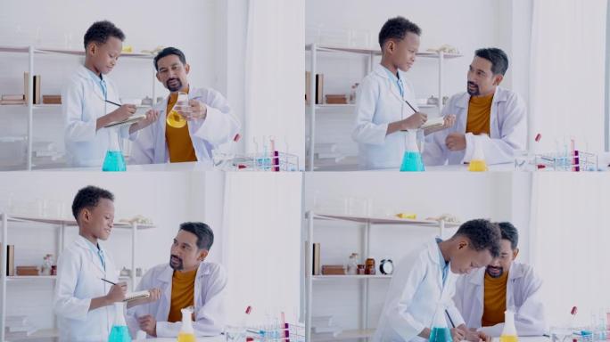 4K，科学老师，教男生，学化学科学，老师摘试管橙色彩水，记科学实验笔记，都穿白胶衬衫。