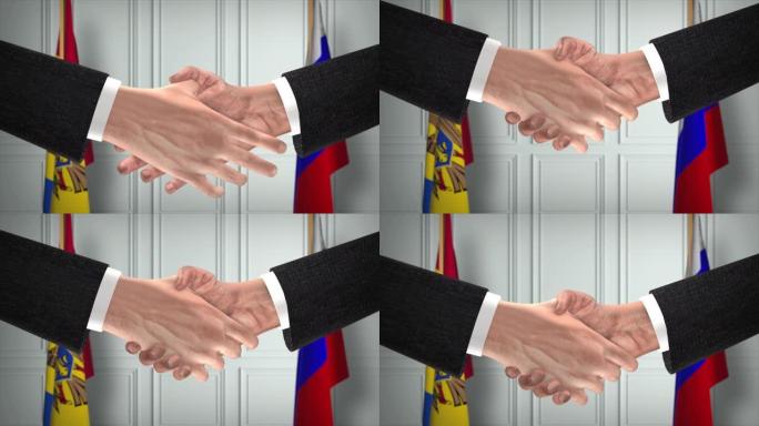 摩尔多瓦与俄罗斯协议握手，政治例证。正式会议或合作，商务见面。商人和政客握手
