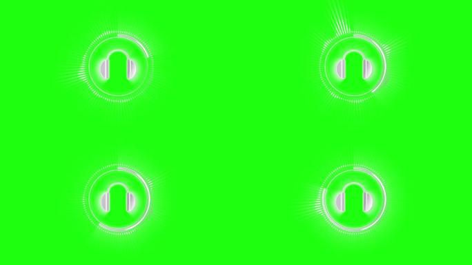 音频频谱圆形或放射状，耳机在绿色屏幕背景的中央。具有渐变白色和辉光色频带的音频波形。音乐显示的可视化