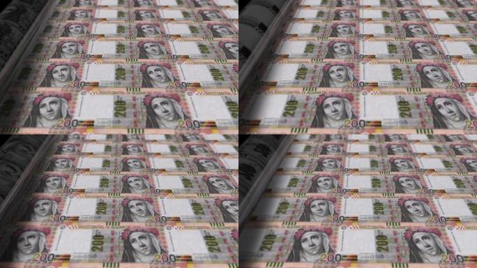 秘鲁，秘鲁溶胶印刷机打印出当前200溶胶钞票，无缝循环，秘鲁货币背景，4K，聚焦深度Smoot和尼斯