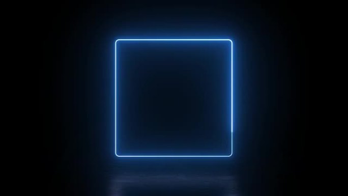 3d视频渲染，方形在黑暗中发光，蓝色霓虹灯，照明框架设计。抽象宇宙充满活力的彩色方形背景。发光的霓虹