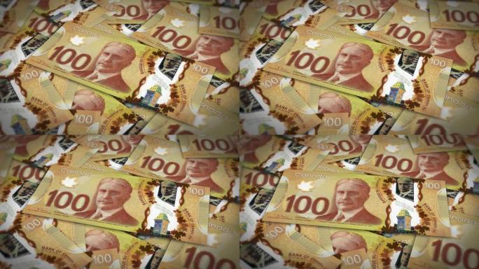 一堆加币现金，通货膨胀概念。特写新加拿大100美元钞票4k分辨率