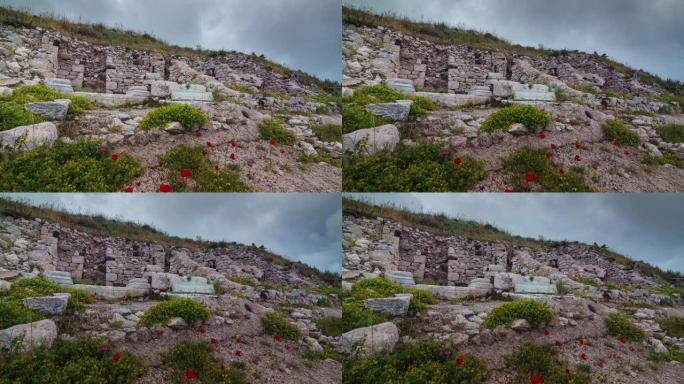 白天风暴天空圣托里尼岛老石遗迹花卉全景延时4k希腊