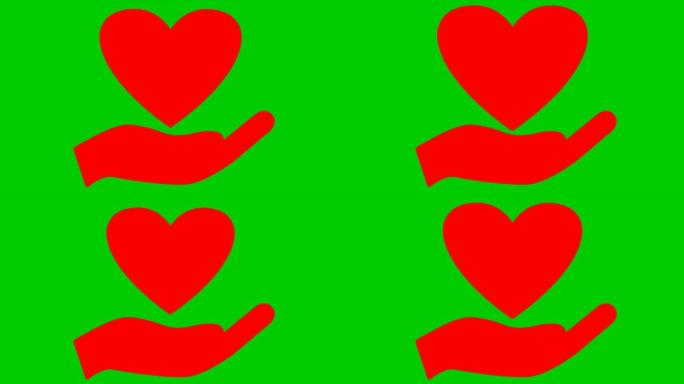 手掌上跳动的红色心脏。循环的心跳视频。慈善、健康、医学的概念。矢量插图孤立在绿色背景上。