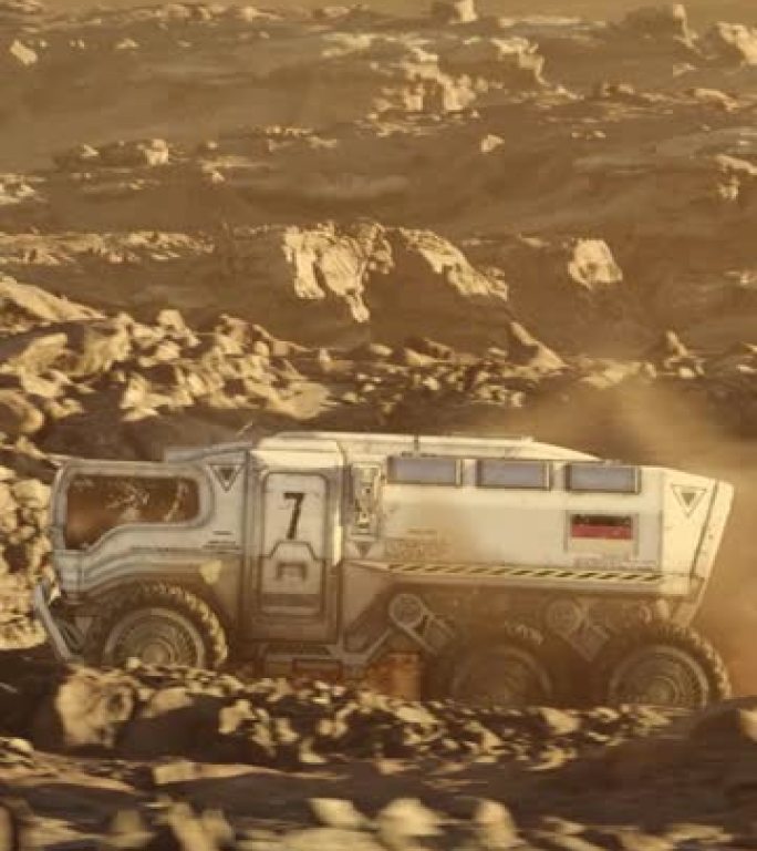 火星行星的太空殖民。带有德国国旗的火星探测器探索行星表面垂直视频