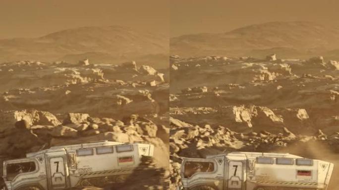 火星行星的太空殖民。带有德国国旗的火星探测器探索行星表面垂直视频