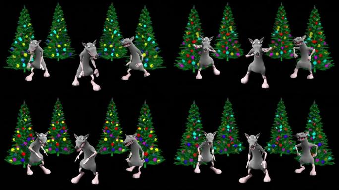 跳舞的老鼠和圣诞树。逼真的专业3D动画。