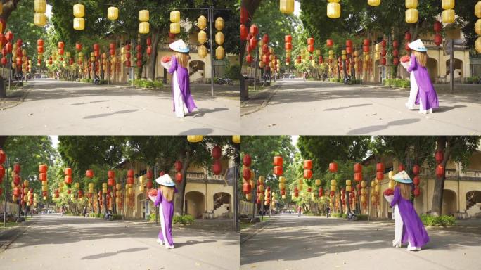 越南河内城市城镇当地寺庙里的亚洲越南女女孩肖像，灯花灯节。人们的生活方式。
