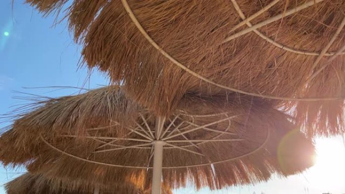 背景为蓝色晴空的沙滩草伞细节。完美的暑假目的地。蓝色背景的稻草遮阳帘和日光浴床