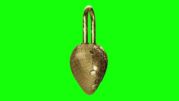 在绿色屏幕上旋转的金色心形形状的古老锁的循环3D渲染作为背景。