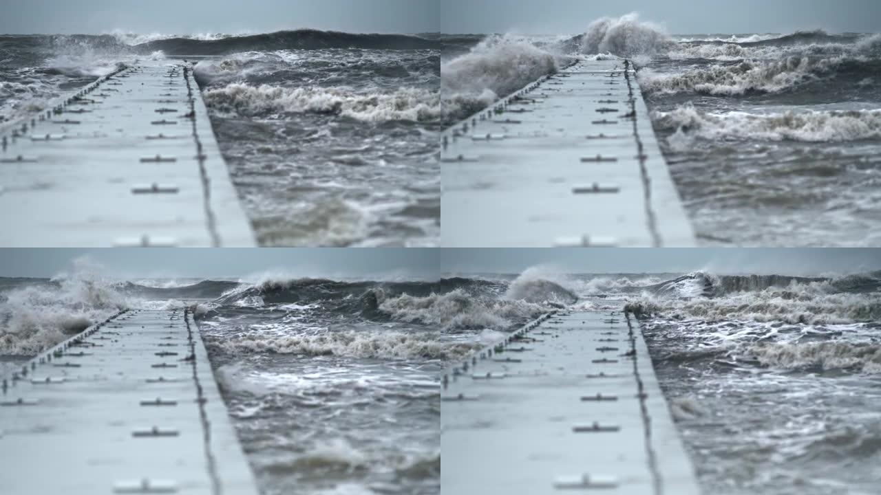 在海边暴风雨的日子里，LD海浪冲向码头