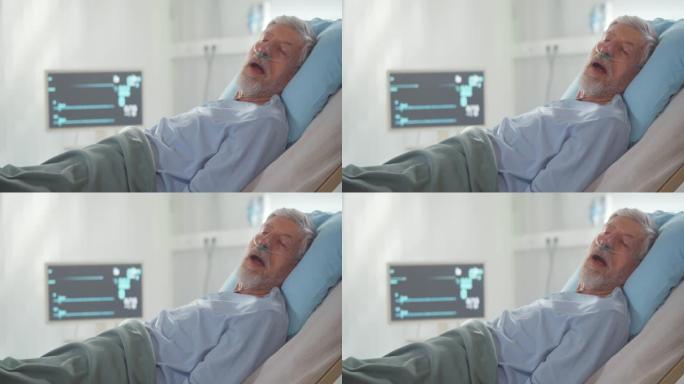 老年男性患者在医院病床上死亡的侧视图