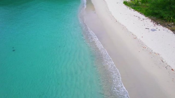 晴天，美丽的绿松石海和沙滩上的海浪鸟瞰图与棕榈林