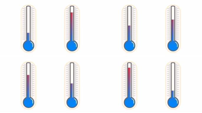 温度计动画集。温度从热到冷，从红色到蓝色逐渐增加。水银玻璃温度计。液体，房间温度计。绘制2D动画素材