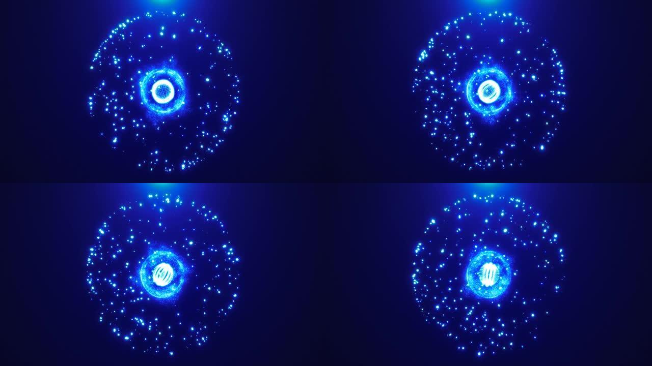 抽象圆形蓝色球体发光能量魔法分子，原子来自粒子和点宇宙。摘要背景。视频4k，运动设计
