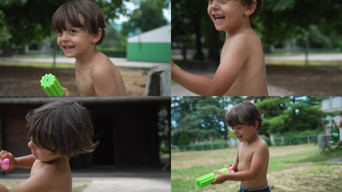 夏天，一个快乐的小男孩在户外用玩具玩乐喷水。兴奋的小孩在外面玩泡沫喷水器。游泳池玩具