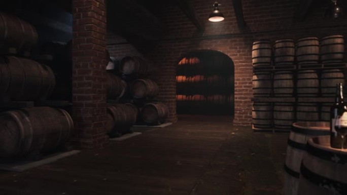 酒窖里装着酒的木桶。在酒库品尝红酒。